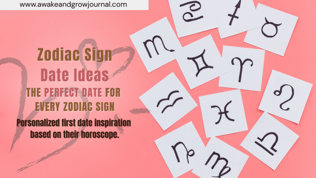 Illustrated blog header showing zodiac symbols on pink background with text about astrology-based first date ideas.