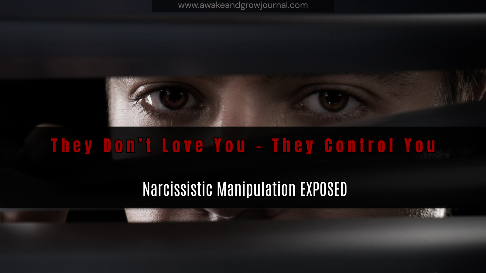 Dark-themed image of intense eyes peeking through blinds, with bold red text: "They Don’t Love You – They Control You" — symbolizing narcissistic control.