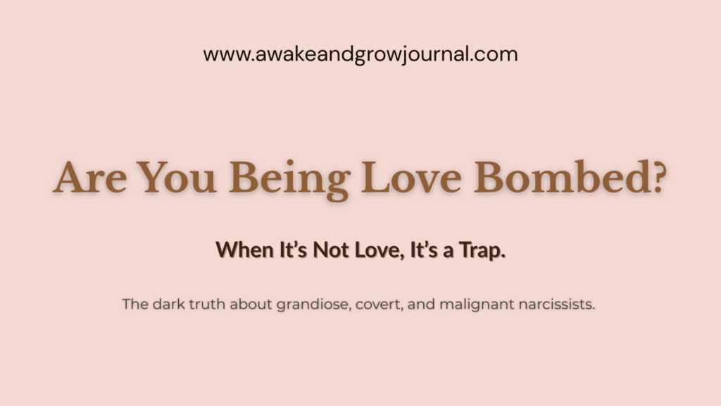 Slide image with the title ‘Are You Being Love Bombed?’ – narcissistic love bombing awareness blog post.