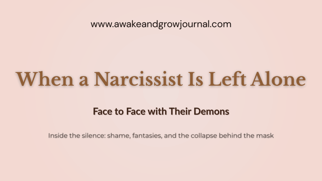 Slide image with the title ‘When a Narcissist Is Left Alone’ and subtitle ‘Face to Face with Their Demons’ on a soft blush background